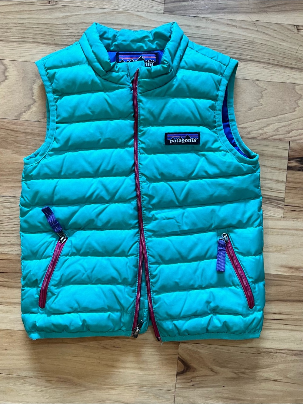 Patagonia Teal Puffy Vest with Pink Zippers and Purple Trim